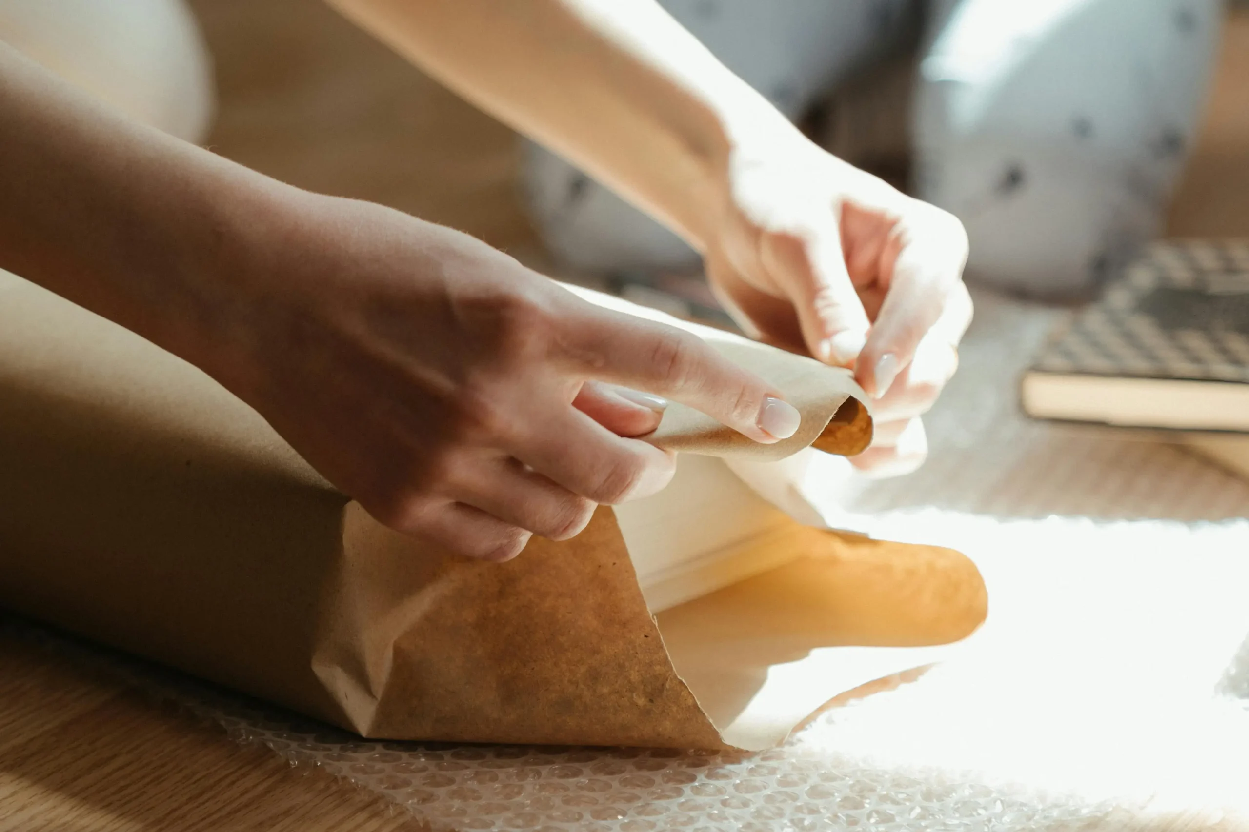 Packaging an item using wrapping material.